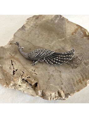 VTG Sterling Silver 925 Marcasite Peacock Bird Brooch